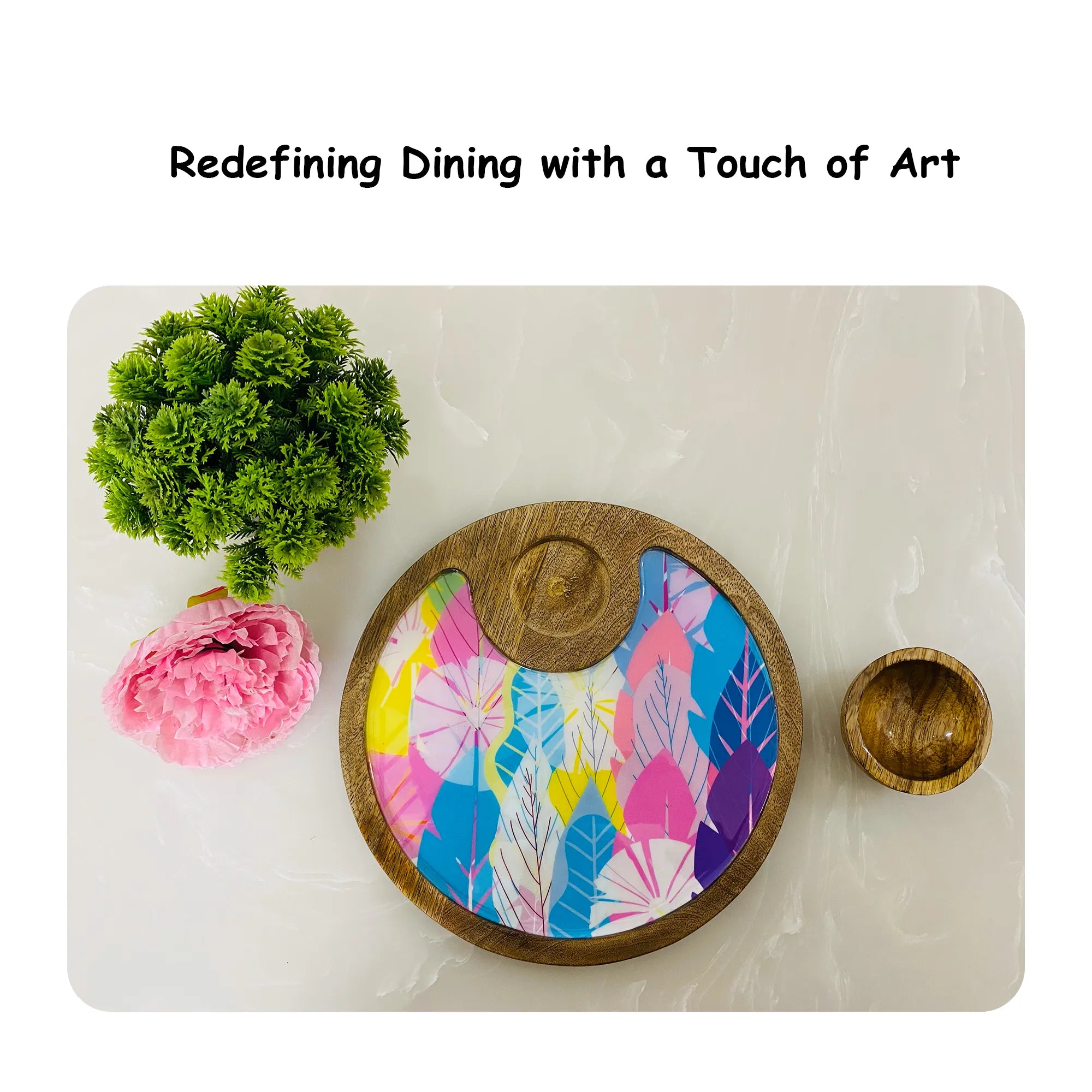 "Cycle of Seasons" Artistic Wooden Cutlery-Circular Platter with Wooden Bowl I Table ware I Hand Crafted I Decorative I Meena Print I Size-10*10 Inch