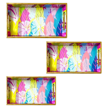 "Cycle of Seasons" Artistic Wooden Cutlery-Rectangular Trays (Set of 3) I Serve ware I Hand Crafted I Meena Print I Size-12*6*2,14*8*2 & 16*10*2 Inch