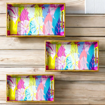 "Cycle of Seasons" Artistic Wooden Cutlery-Rectangular Trays (Set of 3) I Serve ware I Hand Crafted I Meena Print I Size-12*6*2,14*8*2 & 16*10*2 Inch