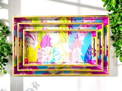 "Cycle of Seasons" Artistic Wooden Cutlery-Rectangular Trays (Set of 3) I Serve ware I Hand Crafted I Meena Print I Size-12*6*2,14*8*2 & 16*10*2 Inch