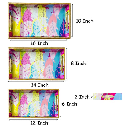 "Cycle of Seasons" Artistic Wooden Cutlery-Rectangular Trays (Set of 3) I Serve ware I Hand Crafted I Meena Print I Size-12*6*2,14*8*2 & 16*10*2 Inch