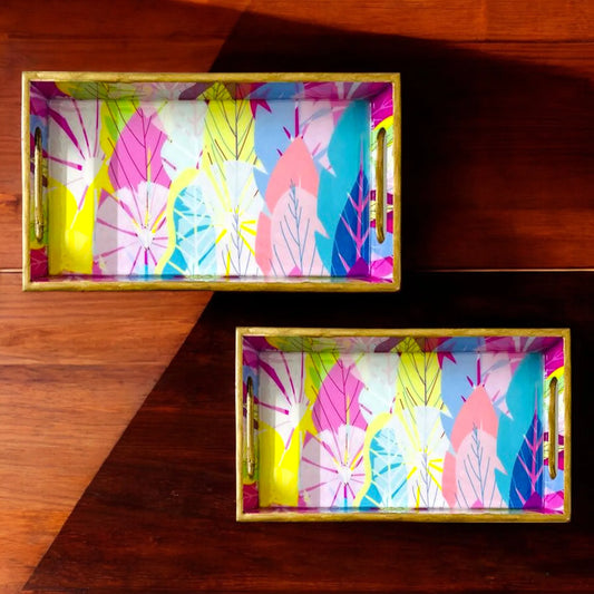 "Cycle of Seasons" Artistic Wooden Cutlery-Rectangular Tray- Set of 2 I Serve ware I Home Décor I Decorative I Meena I Size-12*6*2 & 14*8*2 Inch