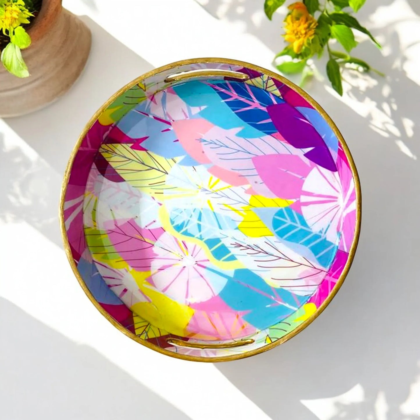 "Cycle of Seasons" Artistic Wooden Cutlery-Round Tray Large I Serve ware I Hand Crafted I Living Room Décor I Meena Print I Gift I Size-12*12*2 Inch