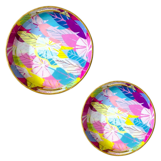 "Cycle of Seasons" Artistic Wooden Cutlery-Round Trays (Set of 2) I Serve ware I Handmade I Decorative I Meena Print I Size-10*10*2 & 12*12*2 Inch