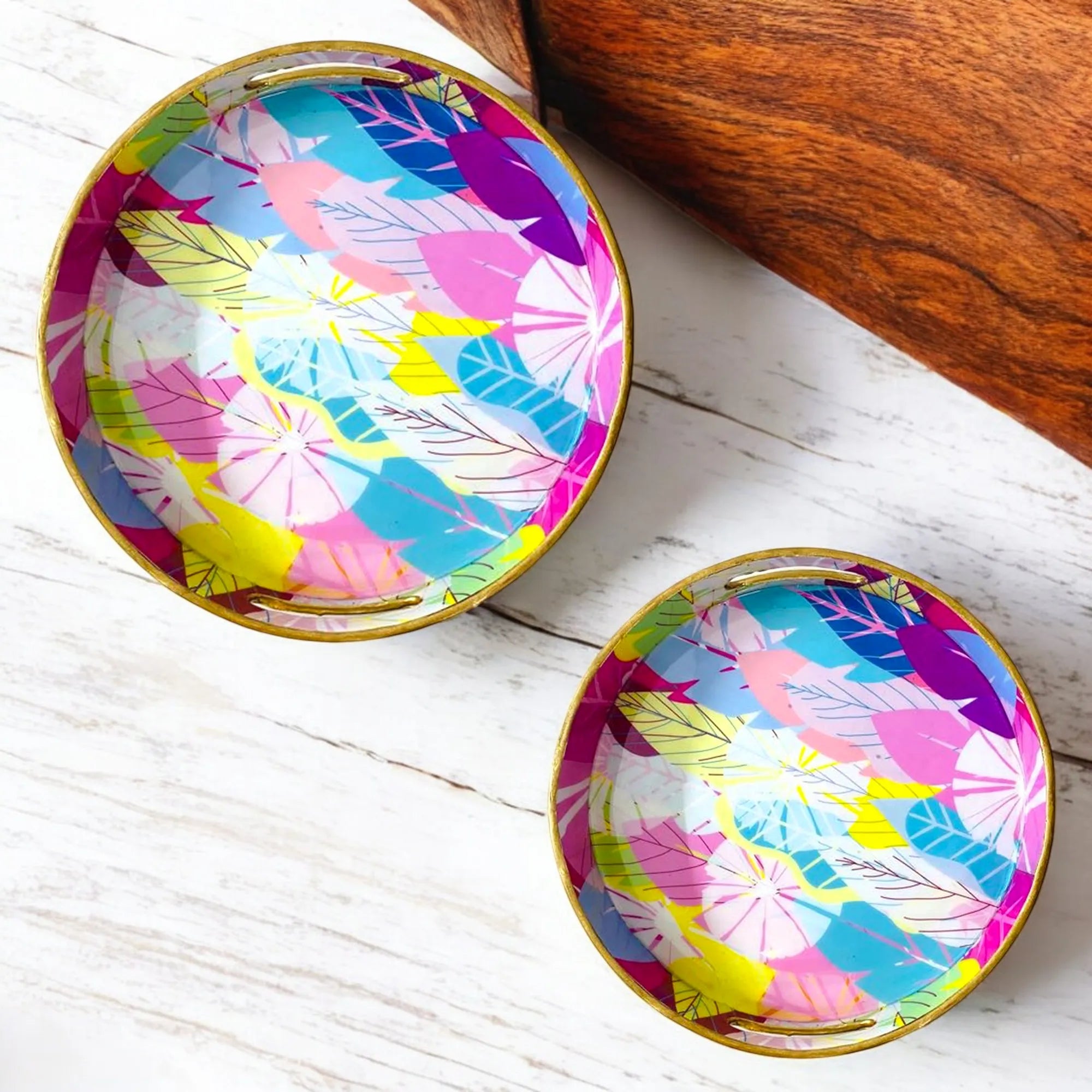 "Cycle of Seasons" Artistic Wooden Cutlery-Round Trays (Set of 2) I Serve ware I Handmade I Decorative I Meena Print I Size-10*10*2 & 12*12*2 Inch