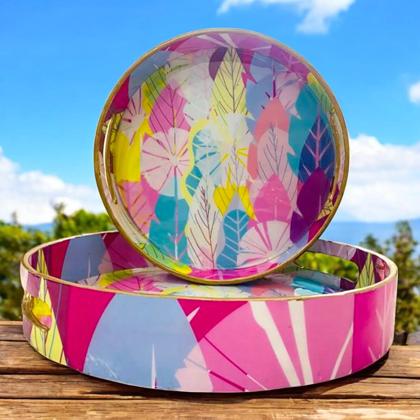 "Cycle of Seasons" Artistic Wooden Cutlery-Round Trays (Set of 2) I Serve ware I Handmade I Decorative I Meena Print I Size-10*10*2 & 12*12*2 Inch