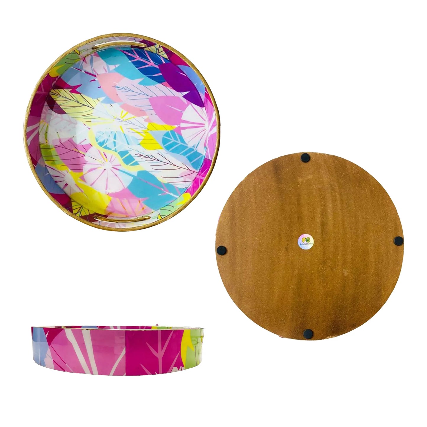 "Cycle of Seasons" Artistic Wooden Cutlery-Round Trays (Set of 2) I Serve ware I Handmade I Decorative I Meena Print I Size-10*10*2 & 12*12*2 Inch