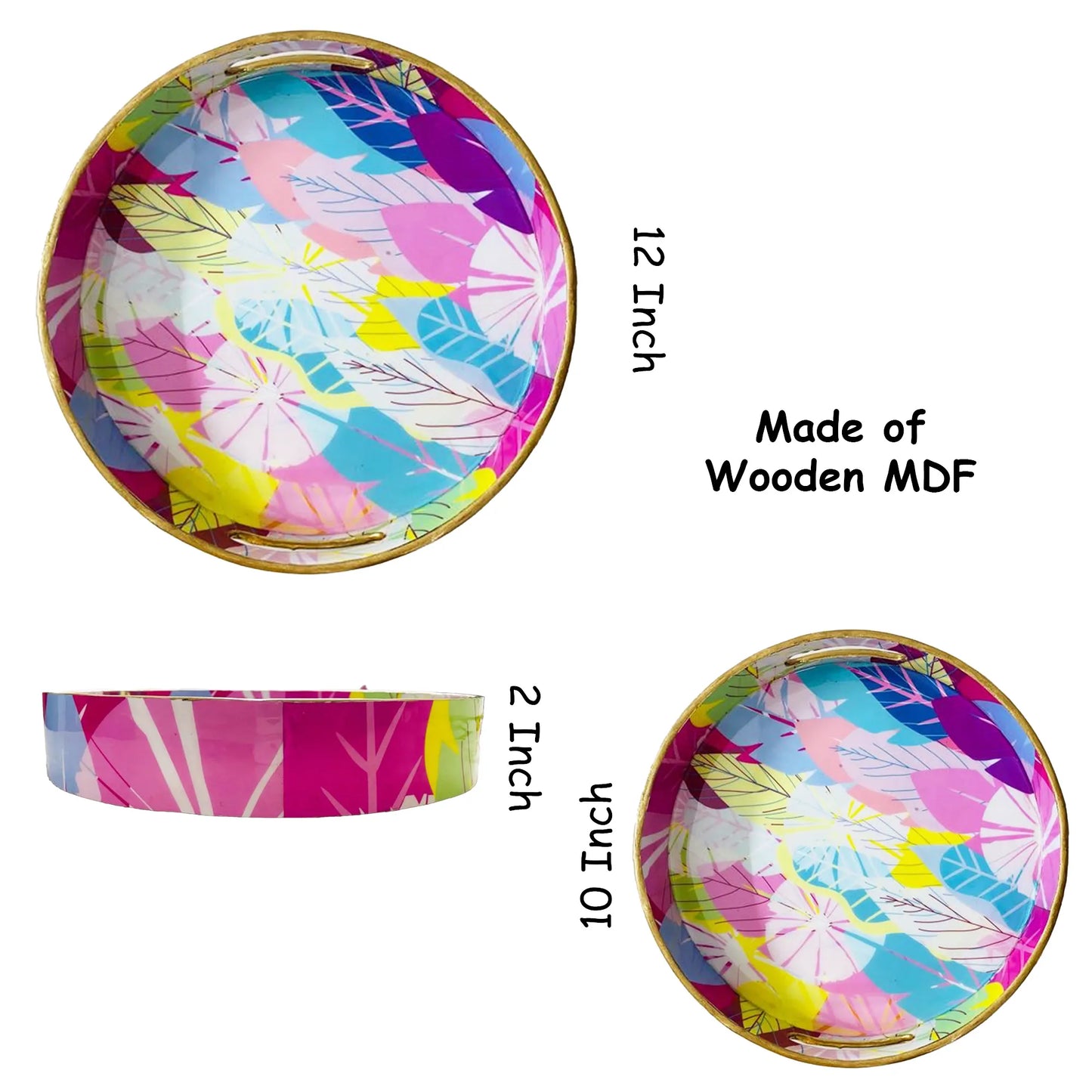 "Cycle of Seasons" Artistic Wooden Cutlery-Round Trays (Set of 2) I Serve ware I Handmade I Decorative I Meena Print I Size-10*10*2 & 12*12*2 Inch