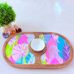"Cycle of Seasons" Artistic Wooden Cutlery-Round Platter with Ceramic Bowl I Dine ware I Hand Crafted I Decorative I Meena Print I Size-14*8 Inch
