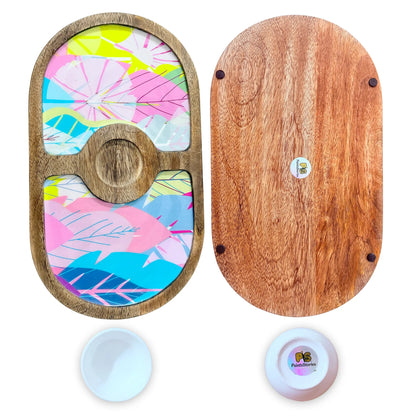 "Cycle of Seasons" Artistic Wooden Cutlery-Round Platter with Ceramic Bowl I Dine ware I Hand Crafted I Decorative I Meena Print I Size-14*8 Inch