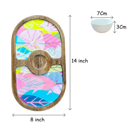 "Cycle of Seasons" Artistic Wooden Cutlery-Round Platter with Ceramic Bowl I Dine ware I Hand Crafted I Decorative I Meena Print I Size-14*8 Inch