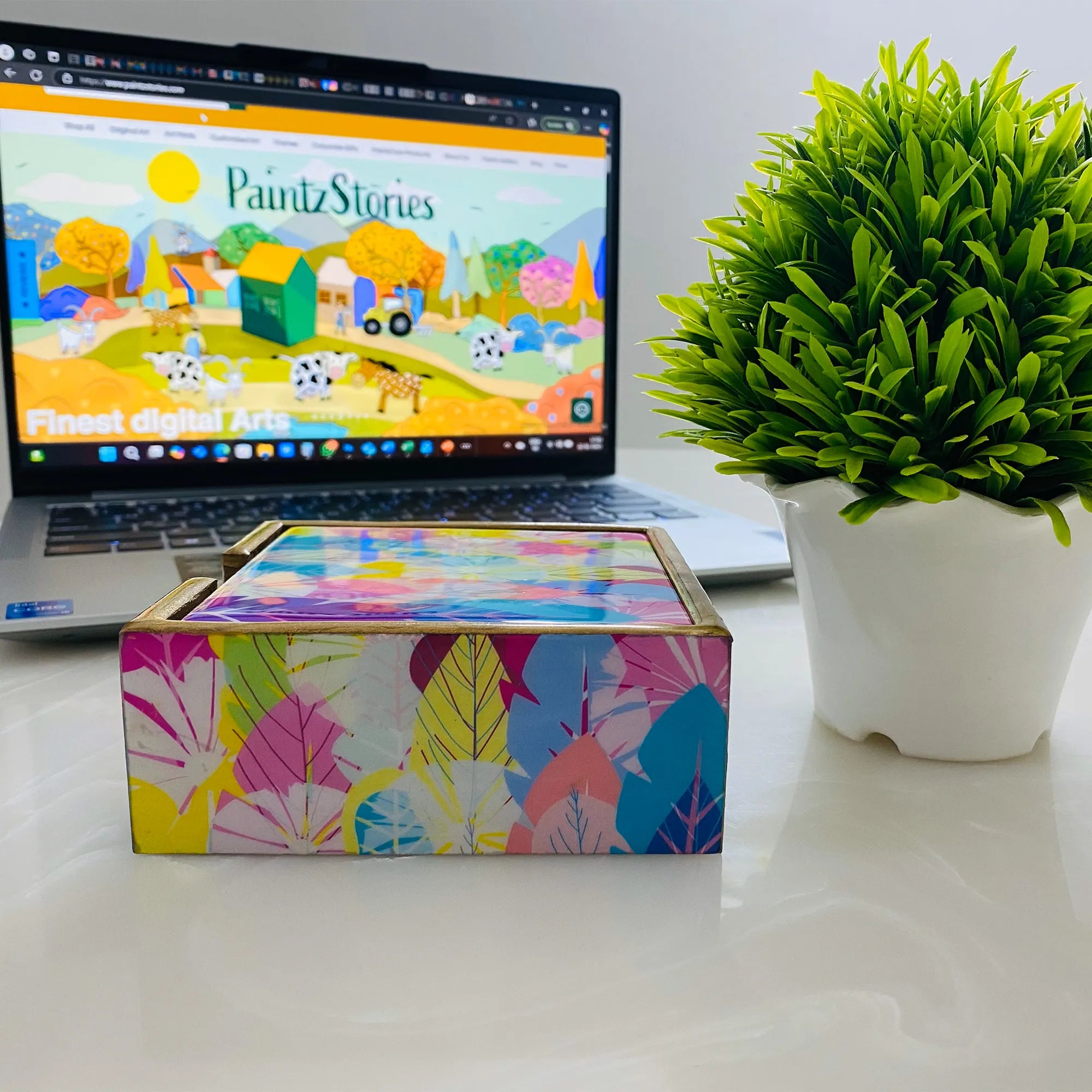 "Cycle of Seasons" Artistic Wooden Cutlery - Wooden Tea Coaster I Table ware I Hand Crafted I Home Décor I Decorative I Meena Print I Size- 4*4 Inch
