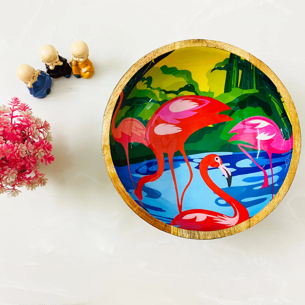 "Flamingo Elegance" Artistic Wooden Cutlery - Big Bowl with Serving Spoons I Dine ware I Hand Crafted I Living Room Décor I Gift I Size-10*10*3 Inch