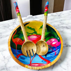 "Flamingo Elegance" Artistic Wooden Cutlery - Big Bowl with Serving Spoons I Dine ware I Hand Crafted I Living Room Décor I Gift I Size-10*10*3 Inch