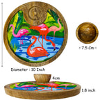 "Flamingo Elegance" Artistic Wooden Cutlery-Circular Platter with Wooden Bowl I Table ware I Handmade I Decorative I Meena Print I Size-10*10 Inch