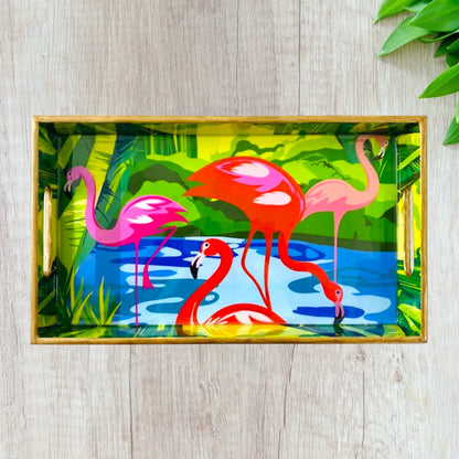 "Flamingo Elegance" Artistic Wooden Cutlery-Rectangular Tray- Large I Serve ware I Hand Crafted I Decorative I Meena Print I Gift I Size-16*10*2 Inch