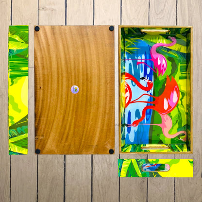 "Flamingo Elegance" Artistic Wooden Cutlery-Rectangular Tray- Large I Serve ware I Hand Crafted I Decorative I Meena Print I Gift I Size-16*10*2 Inch
