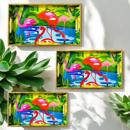 "Flamingo Elegance" Artistic Wooden Cutlery-Rectangular Trays (Set of 3) I Serve ware I Hand crafted I Meena I Size-12*6*2,14*8*2 & 16*10*2 Inch