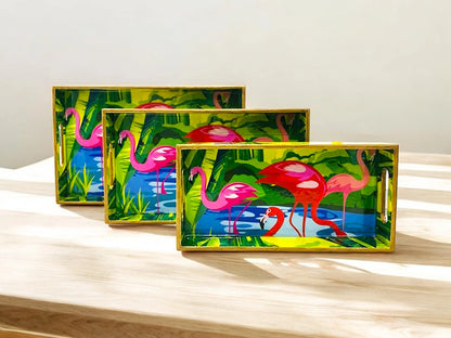 "Flamingo Elegance" Artistic Wooden Cutlery-Rectangular Trays (Set of 3) I Serve ware I Hand crafted I Meena I Size-12*6*2,14*8*2 & 16*10*2 Inch