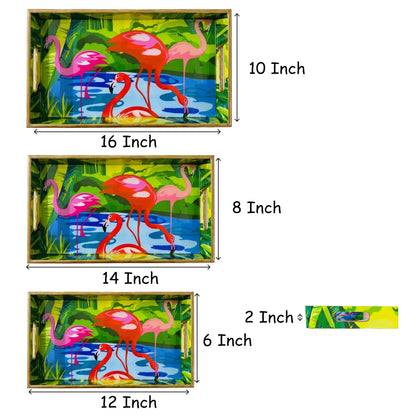 "Flamingo Elegance" Artistic Wooden Cutlery-Rectangular Trays (Set of 3) I Serve ware I Hand crafted I Meena I Size-12*6*2,14*8*2 & 16*10*2 Inch