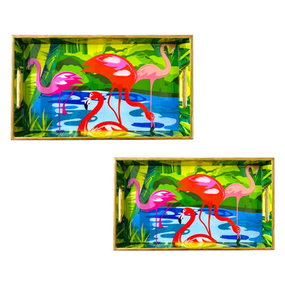 "Flamingo Elegance" Artistic Wooden Cutlery-Rectangular Tray- Set of 2 I Serve ware I Hand Crafted I Decorative I Gift I Size-12*6*2 & 14*8*2 Inch