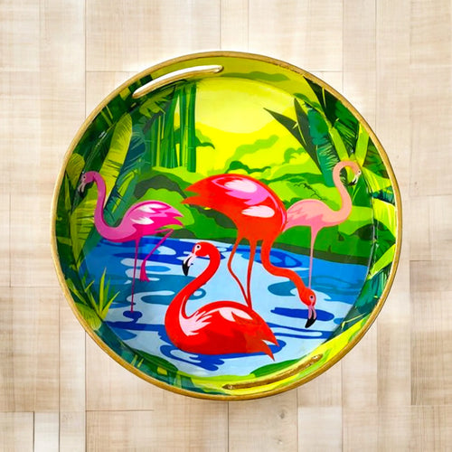 "Flamingo Elegance" Artistic Wooden Cutlery-Round Tray Large I Serve ware I Handmade I Living Room Décor I Decorative I Meena I Size-12*12*2 Inch