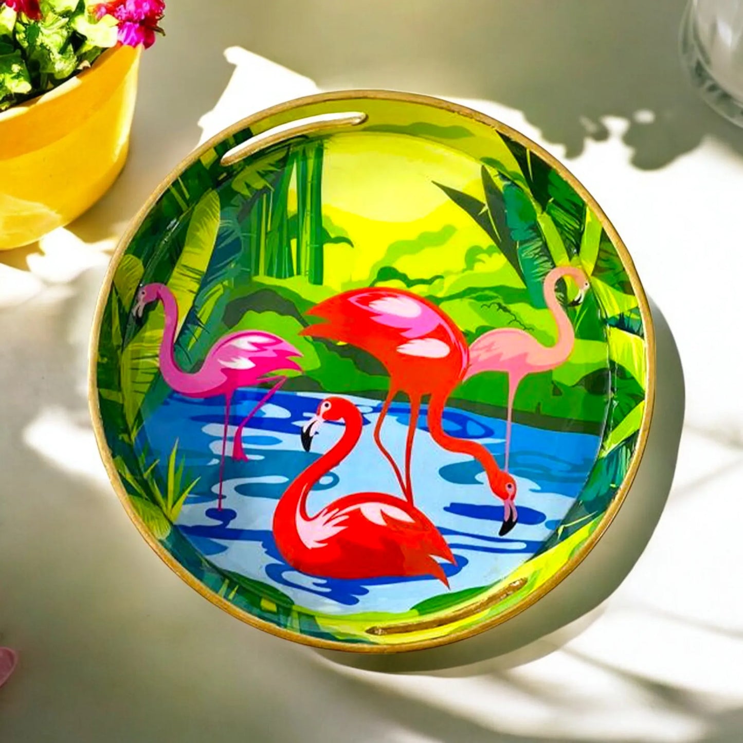 "Flamingo Elegance" Artistic Wooden Cutlery-Round Tray Large I Serve ware I Handmade I Living Room Décor I Decorative I Meena I Size-12*12*2 Inch