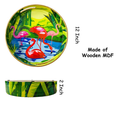 "Flamingo Elegance" Artistic Wooden Cutlery-Round Tray Large I Serve ware I Handmade I Living Room Décor I Decorative I Meena I Size-12*12*2 Inch