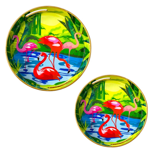 "Flamingo Elegance" Artistic Wooden Cutlery-Round Trays (Set of 2) I Serve ware I Handmade I Decorative I Meena Print I Size-10*10*2 & 12*12*2 Inch