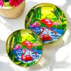 "Flamingo Elegance" Artistic Wooden Cutlery-Round Trays (Set of 2) I Serve ware I Handmade I Decorative I Meena Print I Size-10*10*2 & 12*12*2 Inch