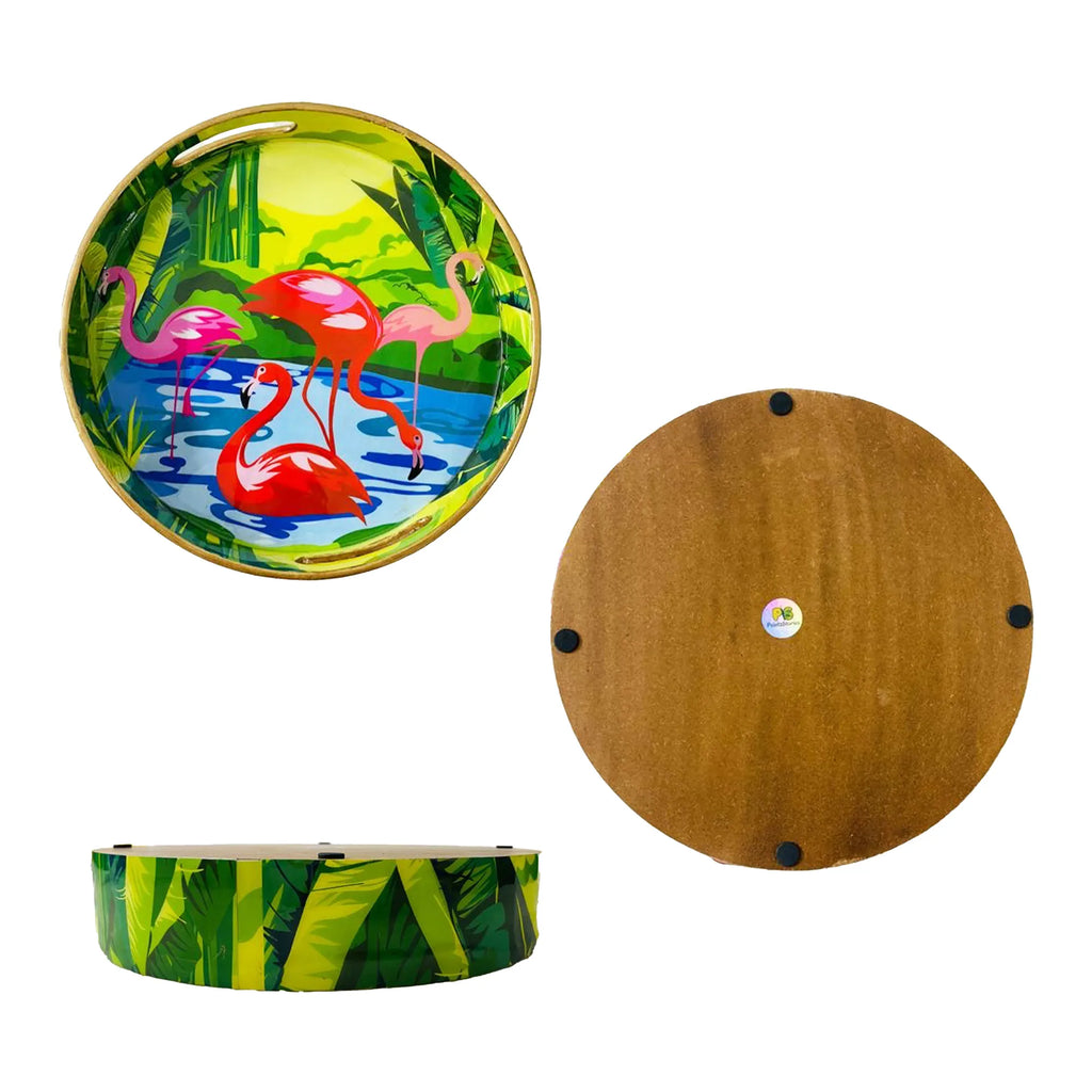 "Flamingo Elegance" Artistic Wooden Cutlery-Round Trays (Set of 2) I Serve ware I Handmade I Decorative I Meena Print I Size-10*10*2 & 12*12*2 Inch