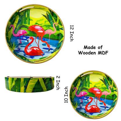 "Flamingo Elegance" Artistic Wooden Cutlery-Round Trays (Set of 2) I Serve ware I Handmade I Decorative I Meena Print I Size-10*10*2 & 12*12*2 Inch