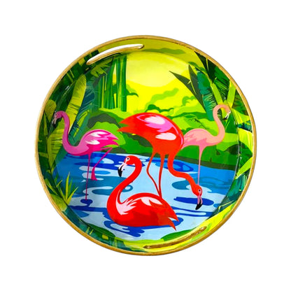 "Flamingo Elegance" Artistic Wooden Cutlery-Round Tray Small I Serve ware I Hand Crafted I Decorative I Meena Print I Gift Item I Size-10*10*2 Inch