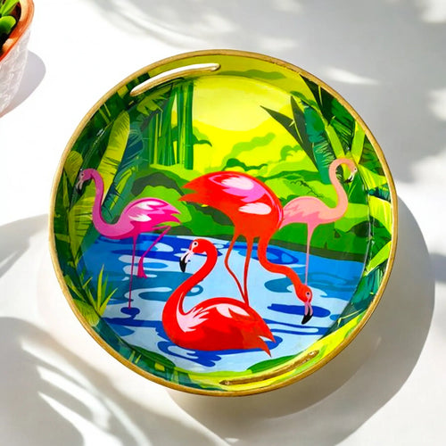 "Flamingo Elegance" Artistic Wooden Cutlery-Round Tray Small I Serve ware I Hand Crafted I Decorative I Meena Print I Gift Item I Size-10*10*2 Inch