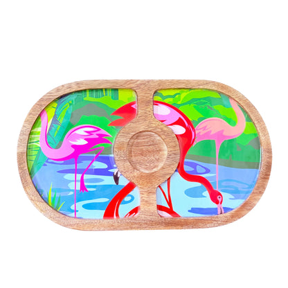 "Flamingo Elegance" Artistic Wooden Cutlery-Round Platter with Ceramic Bowl I Dine ware I Hand Crafted I Home Décor I Meena Print I Size-14*8 Inch
