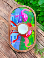 "Flamingo Elegance" Artistic Wooden Cutlery-Round Platter with Ceramic Bowl I Dine ware I Hand Crafted I Home Décor I Meena Print I Size-14*8 Inch