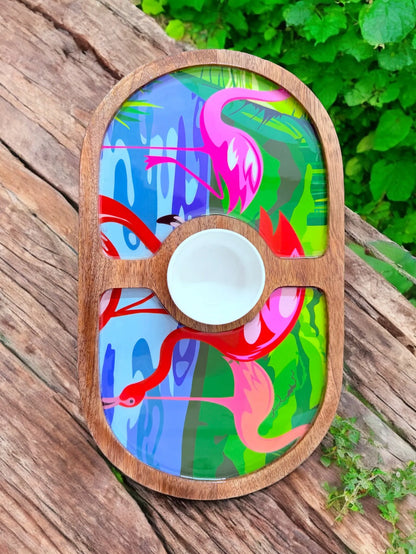 "Flamingo Elegance" Artistic Wooden Cutlery-Round Platter with Ceramic Bowl I Dine ware I Hand Crafted I Home Décor I Meena Print I Size-14*8 Inch