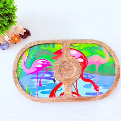 "Flamingo Elegance" Artistic Wooden Cutlery-Round Platter with Ceramic Bowl I Dine ware I Hand Crafted I Home Décor I Meena Print I Size-14*8 Inch