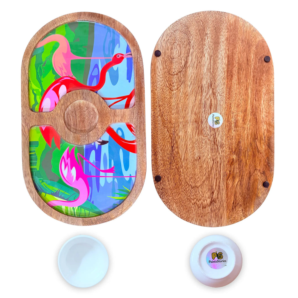 "Flamingo Elegance" Artistic Wooden Cutlery-Round Platter with Ceramic Bowl I Dine ware I Hand Crafted I Home Décor I Meena Print I Size-14*8 Inch
