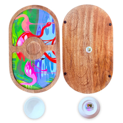 "Flamingo Elegance" Artistic Wooden Cutlery-Round Platter with Ceramic Bowl I Dine ware I Hand Crafted I Home Décor I Meena Print I Size-14*8 Inch