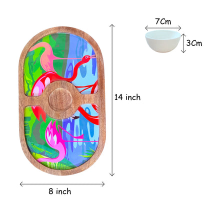 "Flamingo Elegance" Artistic Wooden Cutlery-Round Platter with Ceramic Bowl I Dine ware I Hand Crafted I Home Décor I Meena Print I Size-14*8 Inch