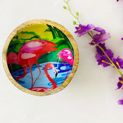 "Flamingo Elegance" Artistic Wooden Cutlery - Small Bowl I Serve ware I Hand Crafted I Living Room Décor I Decorative I Meena Print I Size-6*6*3 Inch