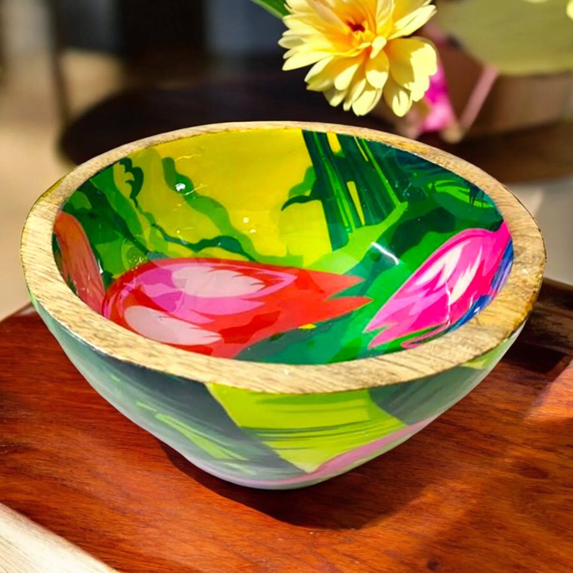 "Flamingo Elegance" Artistic Wooden Cutlery - Small Bowl I Serve ware I Hand Crafted I Living Room Décor I Decorative I Meena Print I Size-6*6*3 Inch
