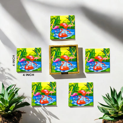 "Flamingo Elegance" Artistic Wooden Cutlery-Wooden Tea Coaster I Table ware I Hand Crafted I Living Room Décor I Meena Print I Size- 4*4 Inch
