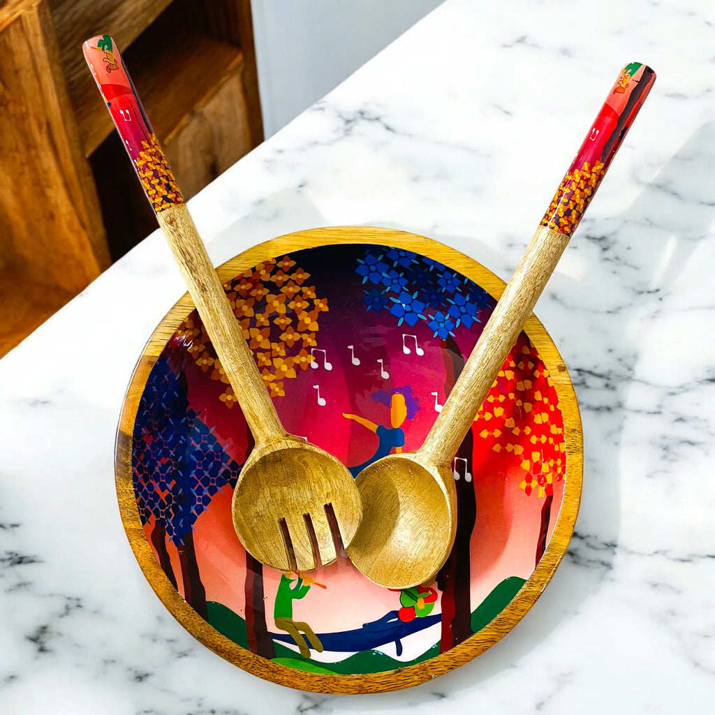 "Tree Serenade" Artistic Wooden Cutlery-Big Bowl with Serving Spoons I Dine ware I Hand Crafted I Living Room Décor I Decorative I Size-10*10*3 Inch