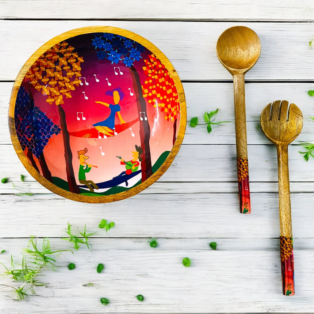 "Tree Serenade" Artistic Wooden Cutlery-Big Bowl with Serving Spoons I Dine ware I Hand Crafted I Living Room Décor I Decorative I Size-10*10*3 Inch