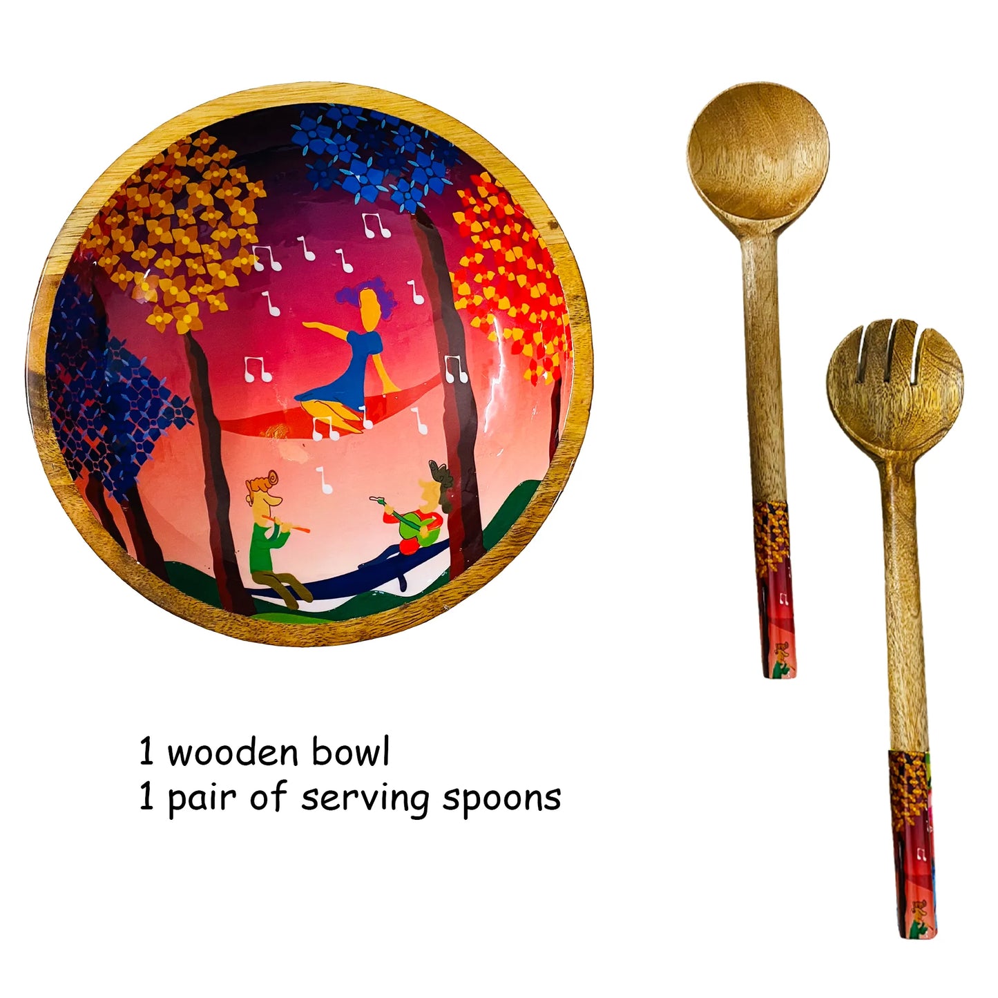 "Tree Serenade" Artistic Wooden Cutlery-Big Bowl with Serving Spoons I Dine ware I Hand Crafted I Living Room Décor I Decorative I Size-10*10*3 Inch