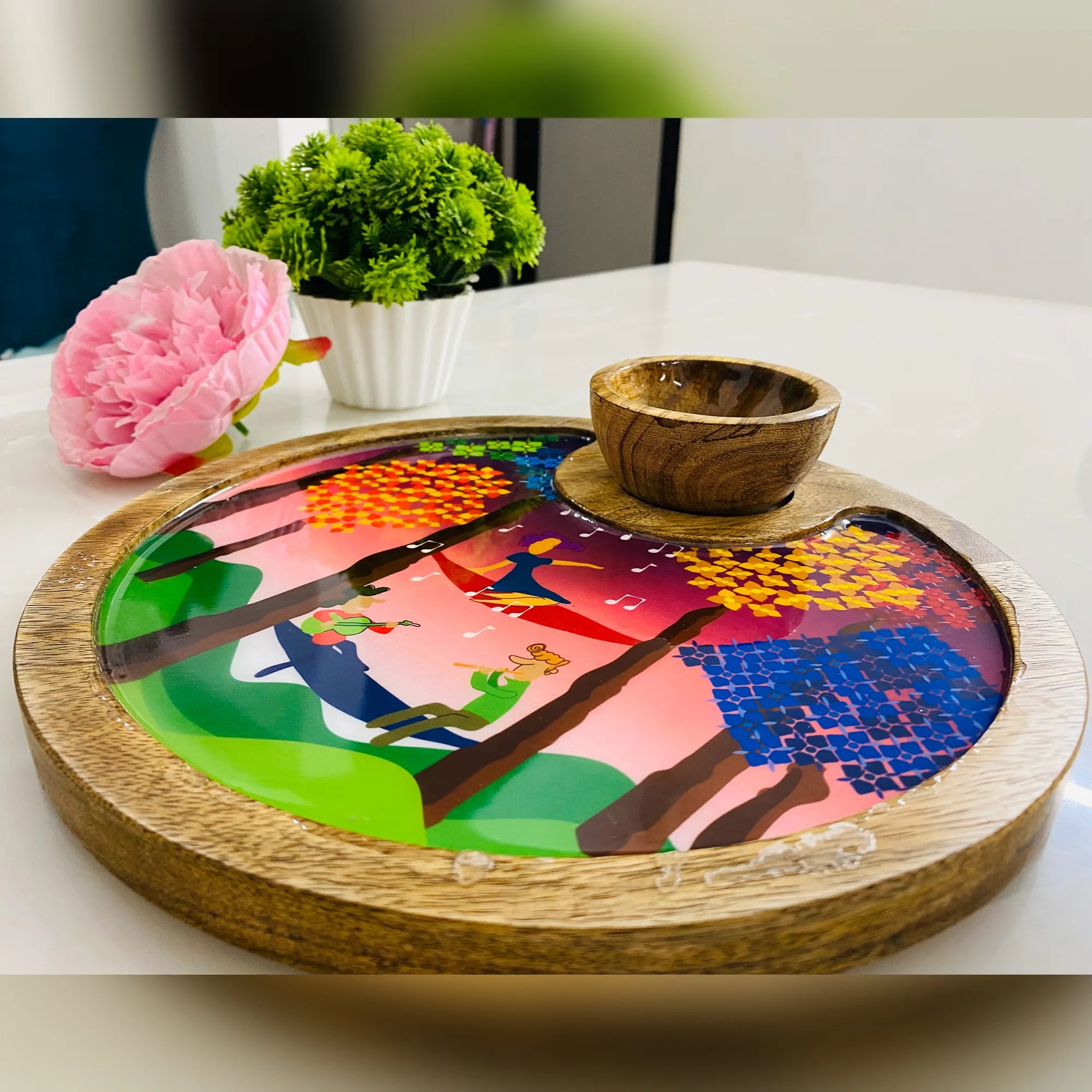 "Tree Serenade" Artistic Wooden Cutlery-Circular Platter with Wooden Bowl I Table ware I Hand Crafted I Decorative I Meena Print I Size-10*10 Inch