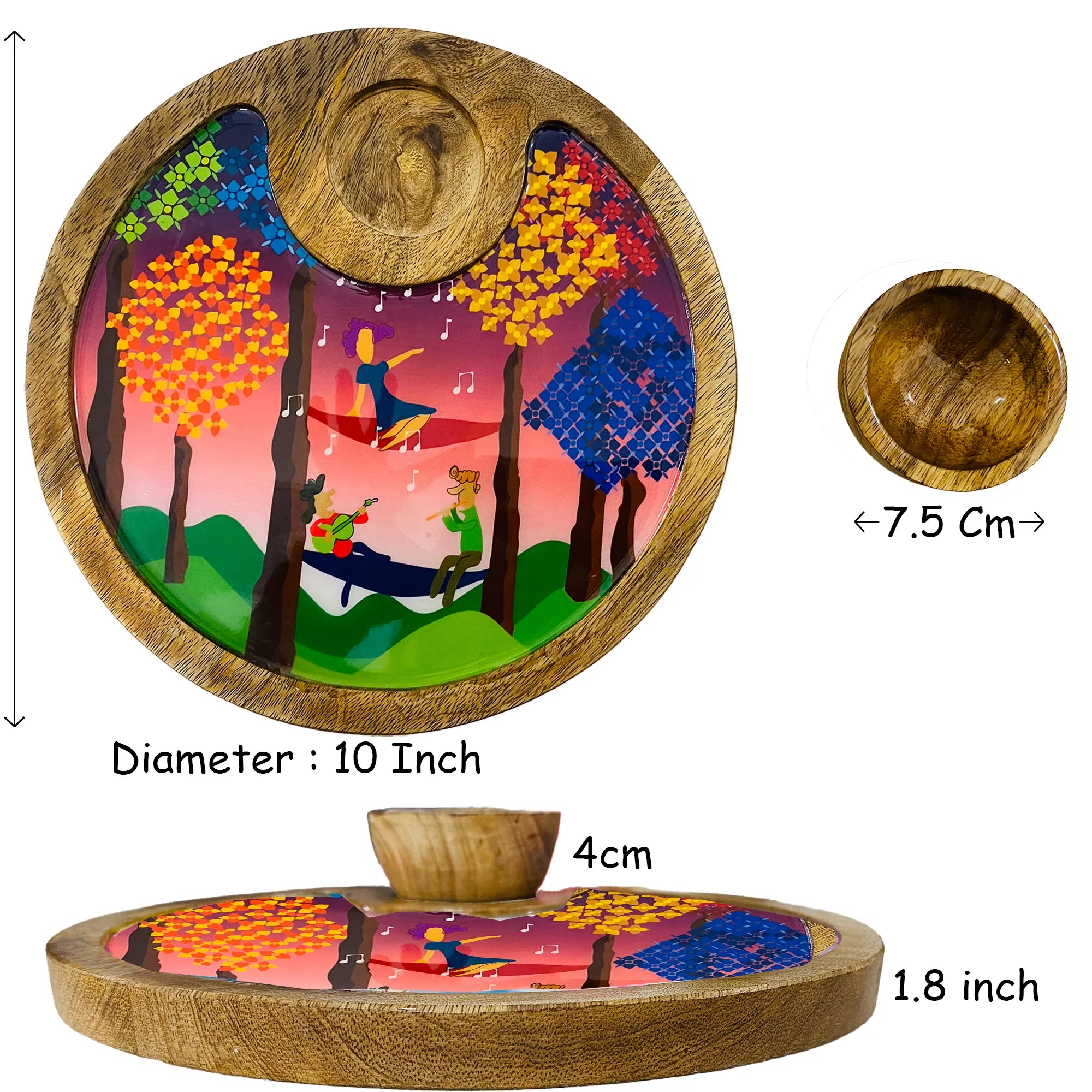 "Tree Serenade" Artistic Wooden Cutlery-Circular Platter with Wooden Bowl I Table ware I Hand Crafted I Decorative I Meena Print I Size-10*10 Inch