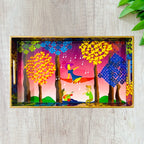 "Tree Serenade" Artistic Wooden Cutlery-Rectangular Tray- Large I Serve ware I Handmade I Home Decor I Decorative I Meena Print I Size-16*10*2 Inch